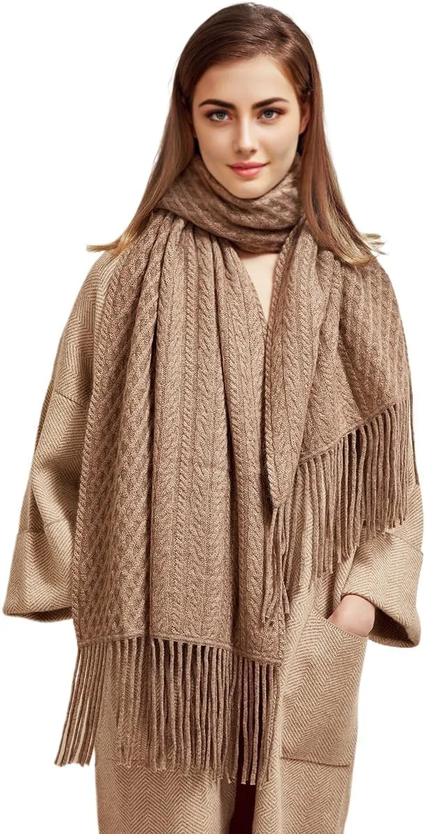 100% Pure Cashmere Luxury Cable Knitted Scarf Shawl Wrap for Women Winter Thick Warm