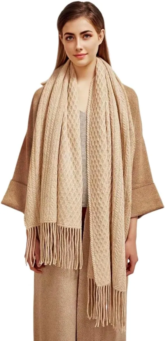 100% Pure Cashmere Luxury Cable Knitted Scarf Shawl Wrap for Women Winter Thick Warm