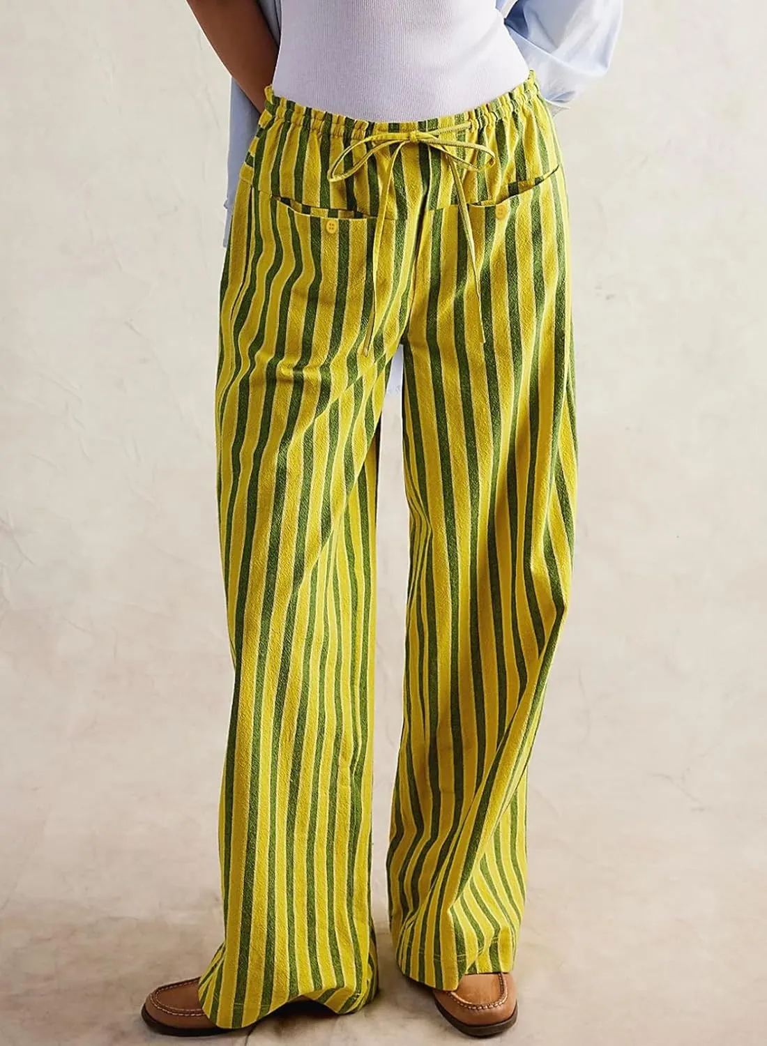 Acelitt Women Casual Drawstring Elastic Waist Loose Wide Leg Striped Pants with Pockets, S-XXL