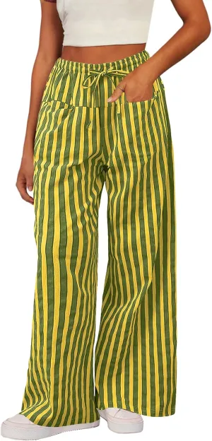 Acelitt Women Casual Drawstring Elastic Waist Loose Wide Leg Striped Pants with Pockets, S-XXL