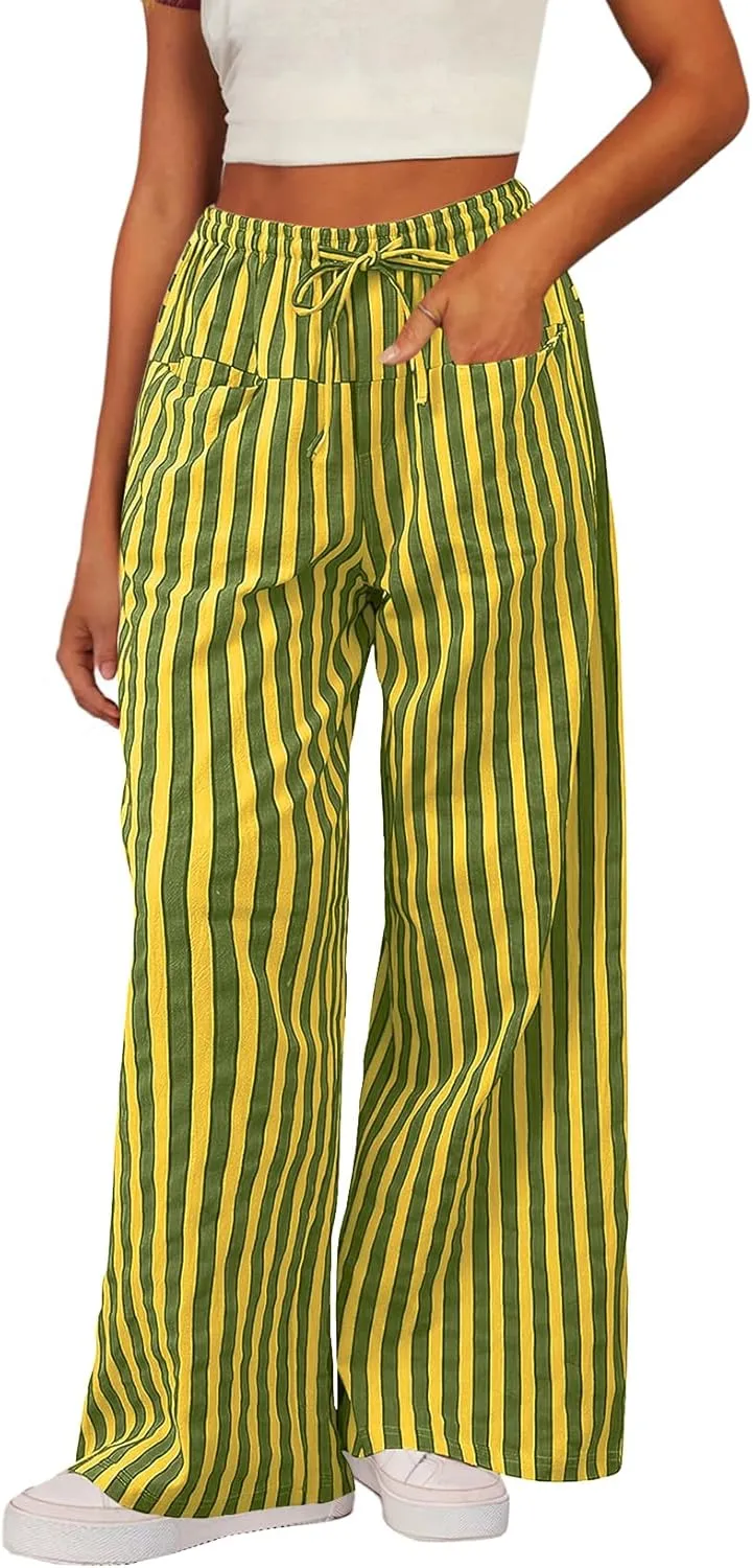 Acelitt Women Casual Drawstring Elastic Waist Loose Wide Leg Striped Pants with Pockets, S-XXL