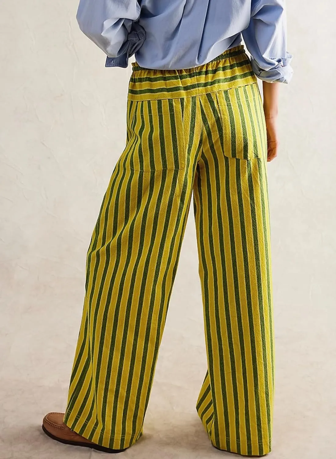 Acelitt Women Casual Drawstring Elastic Waist Loose Wide Leg Striped Pants with Pockets, S-XXL