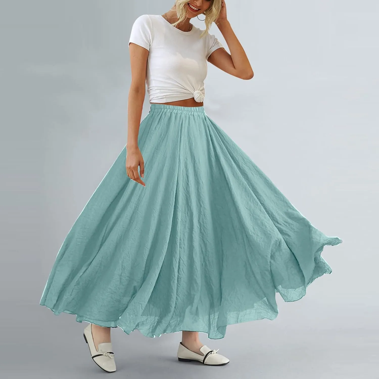 ASHER FASHION Women's Bohemian Style Elastic Waist Band Cotton Linen Long Maxi Skirt Dress