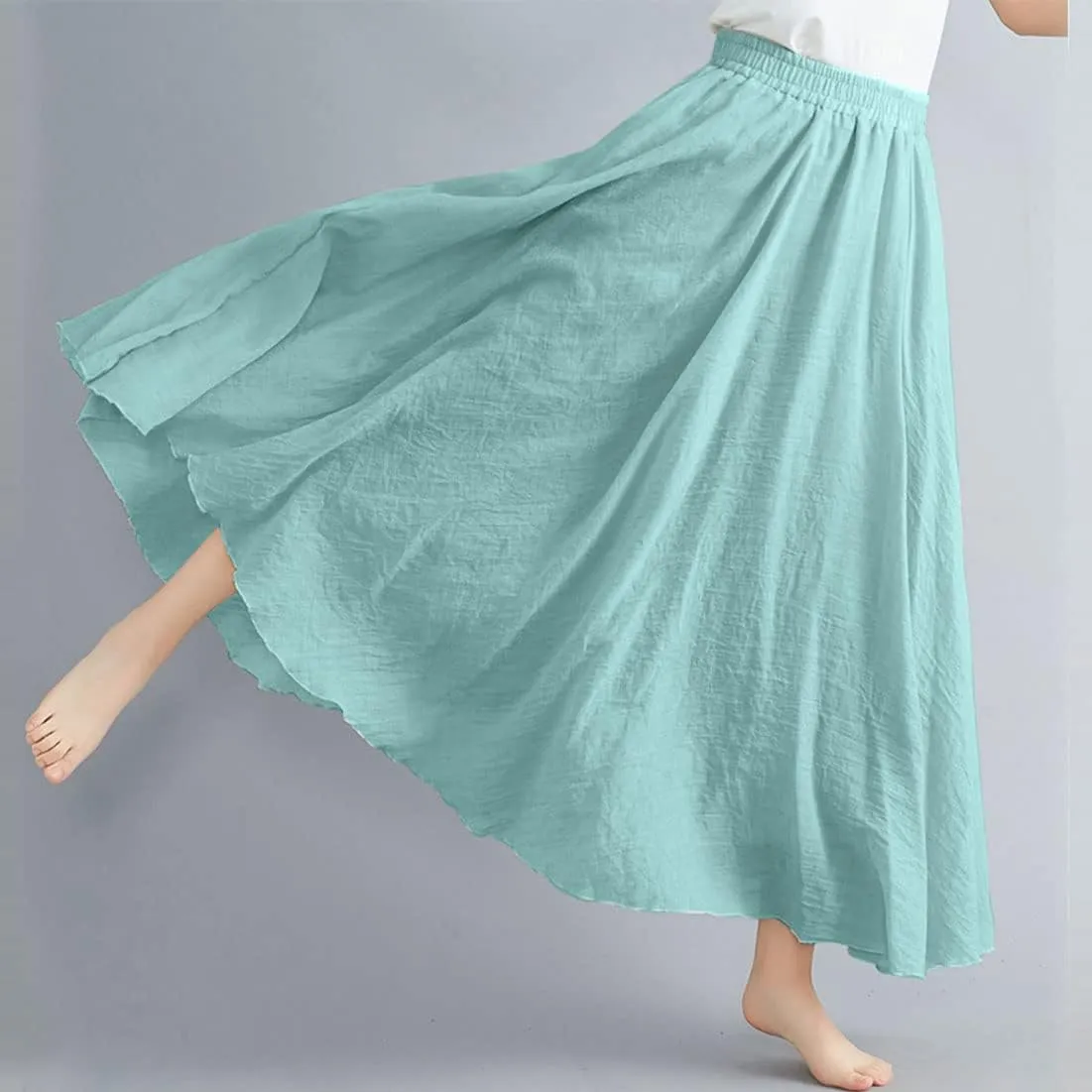 ASHER FASHION Women's Bohemian Style Elastic Waist Band Cotton Linen Long Maxi Skirt Dress