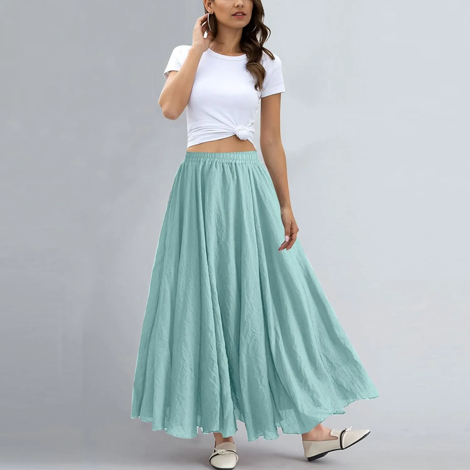 ASHER FASHION Women's Bohemian Style Elastic Waist Band Cotton Linen Long Maxi Skirt Dress