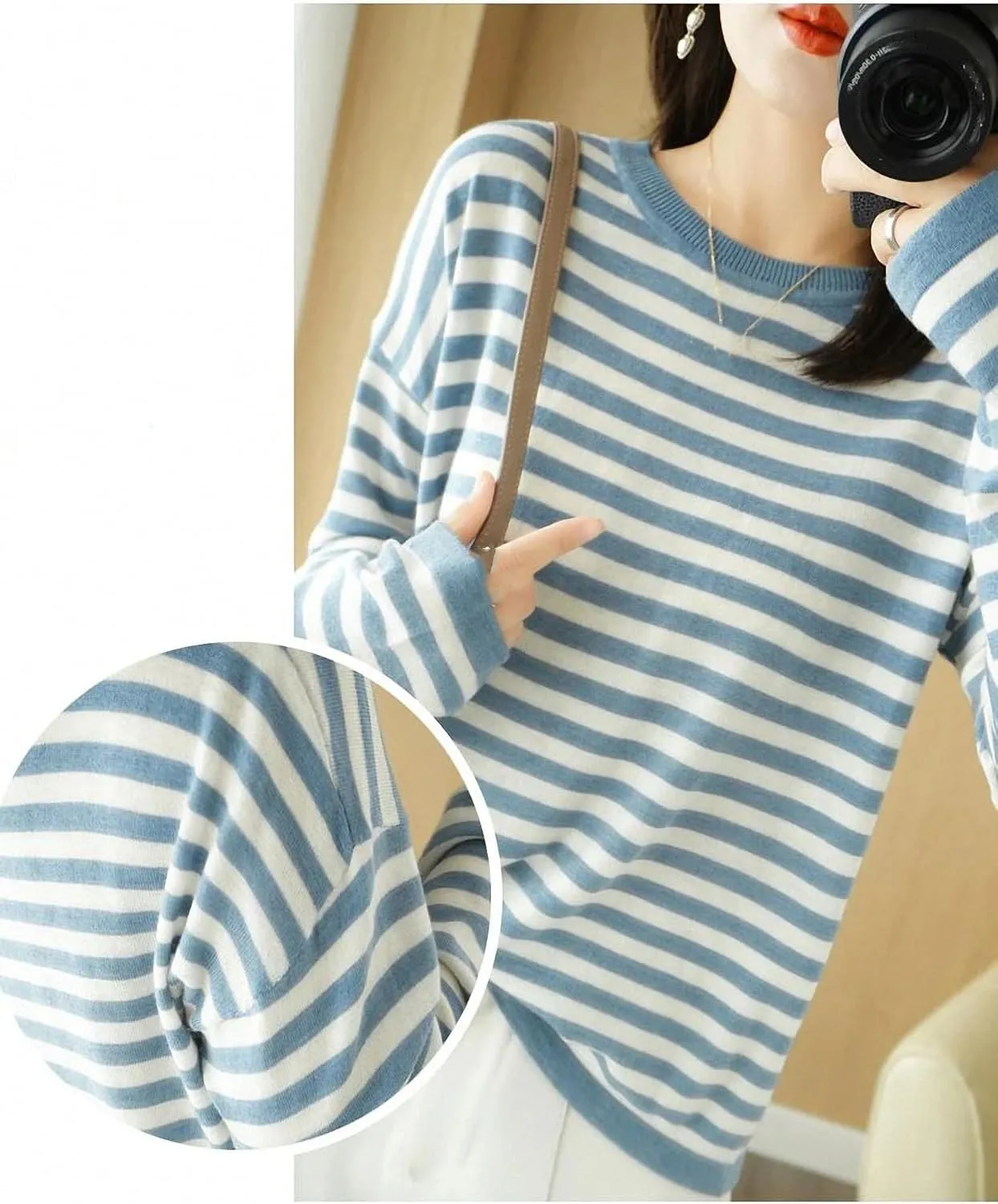 Autumn Winter Cashmere Sweater O-Neck Pullover Women's Striped Casual Long-Sleeved Loose Cashmere Sweater