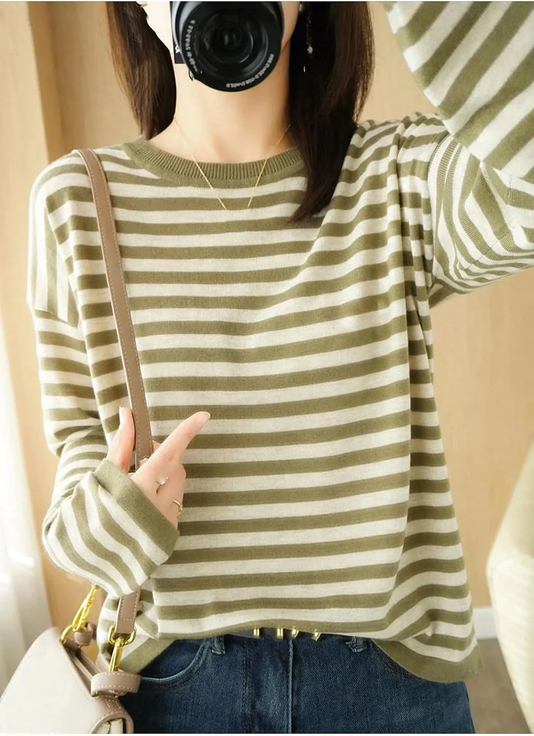 Autumn Winter Cashmere Sweater O-Neck Pullover Women's Striped Casual Long-Sleeved Loose Cashmere Sweater