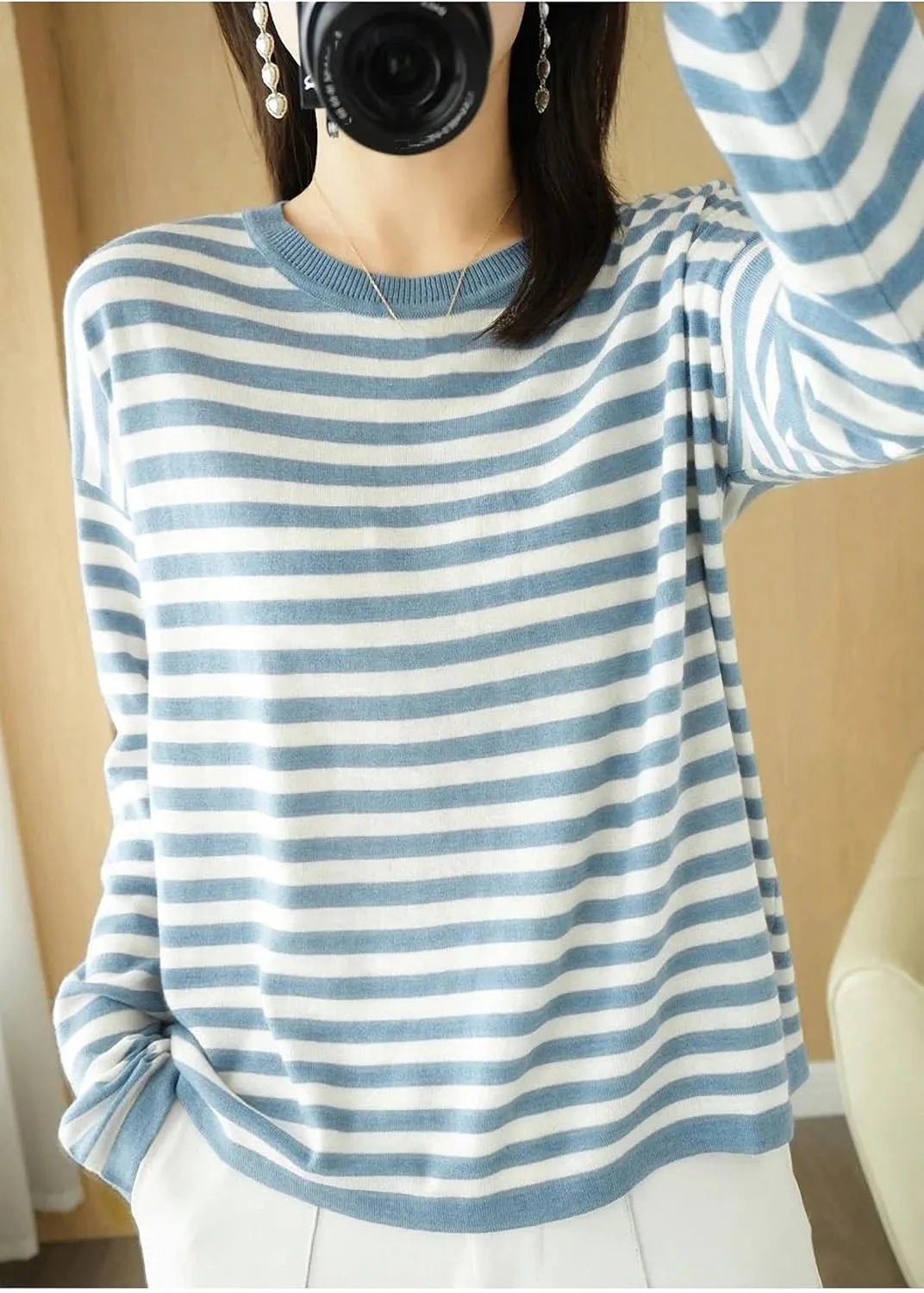 Autumn Winter Cashmere Sweater O-Neck Pullover Women's Striped Casual Long-Sleeved Loose Cashmere Sweater