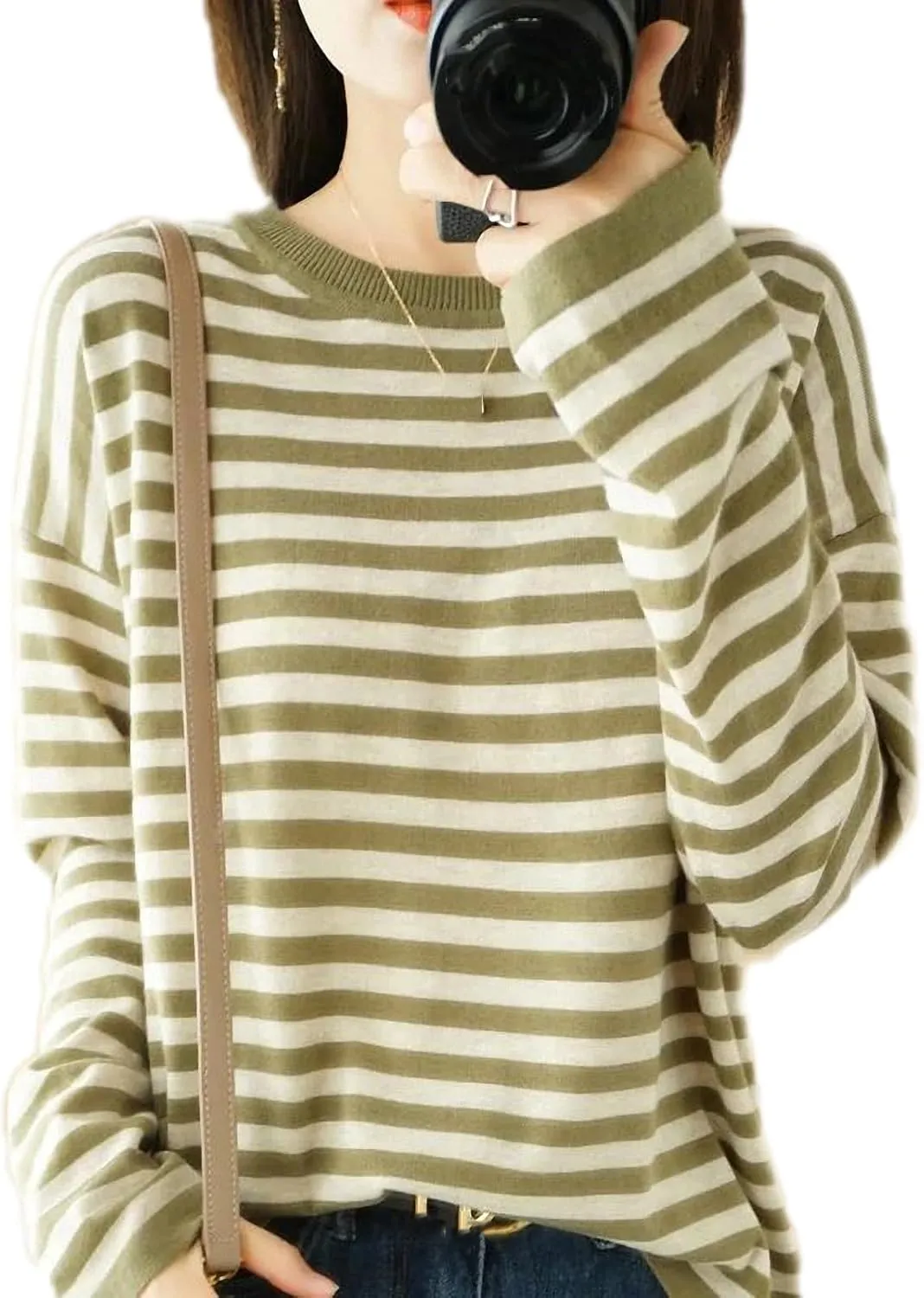 Autumn Winter Cashmere Sweater O-Neck Pullover Women's Striped Casual Long-Sleeved Loose Cashmere Sweater