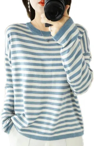 Autumn Winter Cashmere Sweater O-Neck Pullover Women's Striped Casual Long-Sleeved Loose Cashmere Sweater