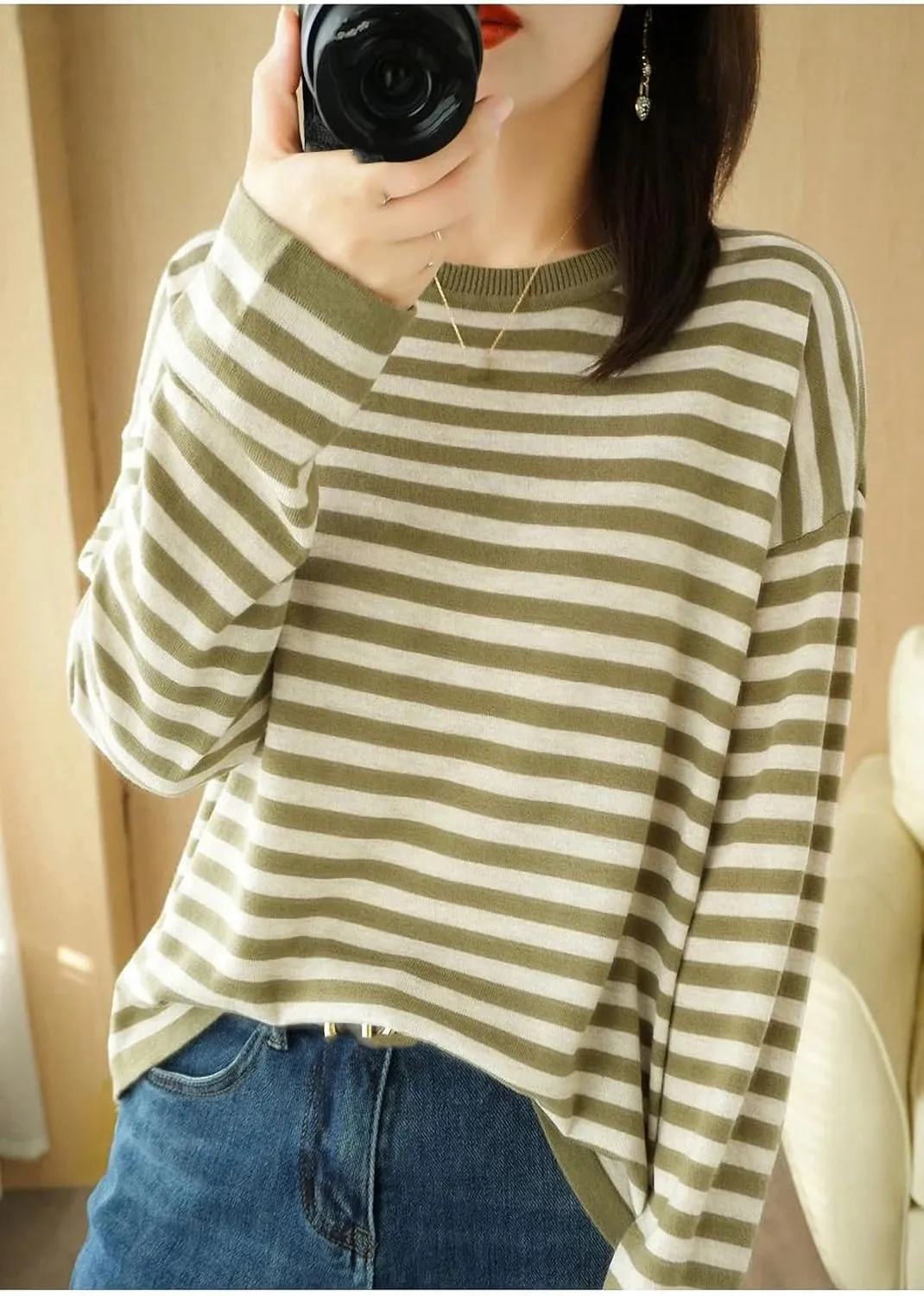 Autumn Winter Cashmere Sweater O-Neck Pullover Women's Striped Casual Long-Sleeved Loose Cashmere Sweater