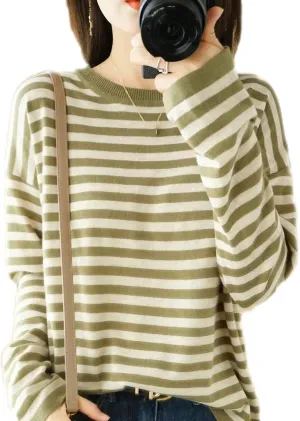 Autumn Winter Cashmere Sweater O-Neck Pullover Women's Striped Casual Long-Sleeved Loose Cashmere Sweater