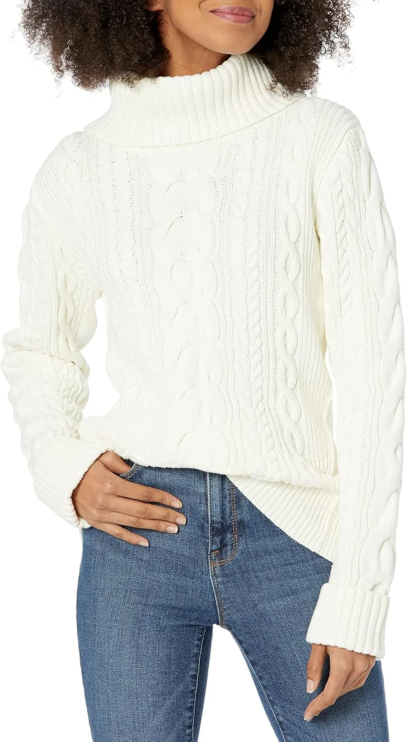 Cable Stitch Women's Cotton Blend Cable Knit Turtleneck Pullover Sweater - Fisherman Long Sleeve Chunky Textured Top