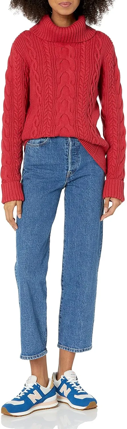 Cable Stitch Women's Cotton Blend Cable Knit Turtleneck Pullover Sweater - Fisherman Long Sleeve Chunky Textured Top