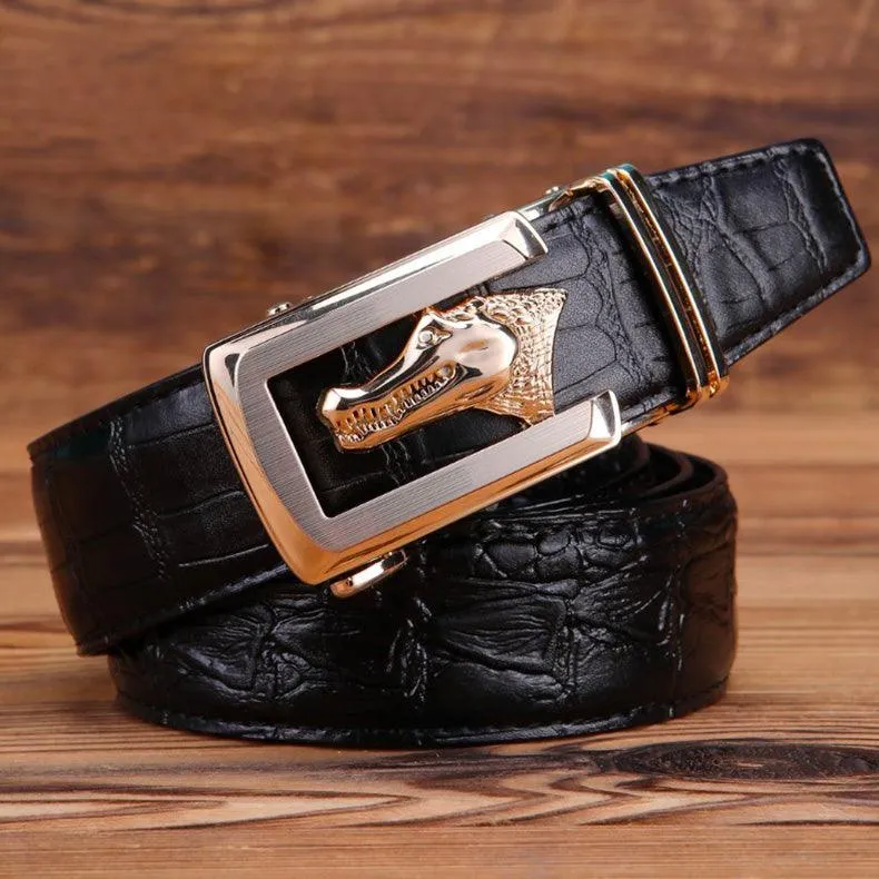 Ceinture cuir véritable boucle dorée crocodile pour homme, modèle Ravil