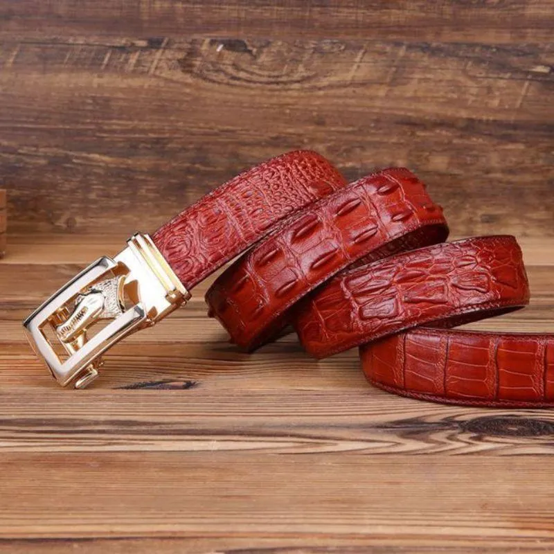 Ceinture cuir véritable boucle dorée crocodile pour homme, modèle Ravil