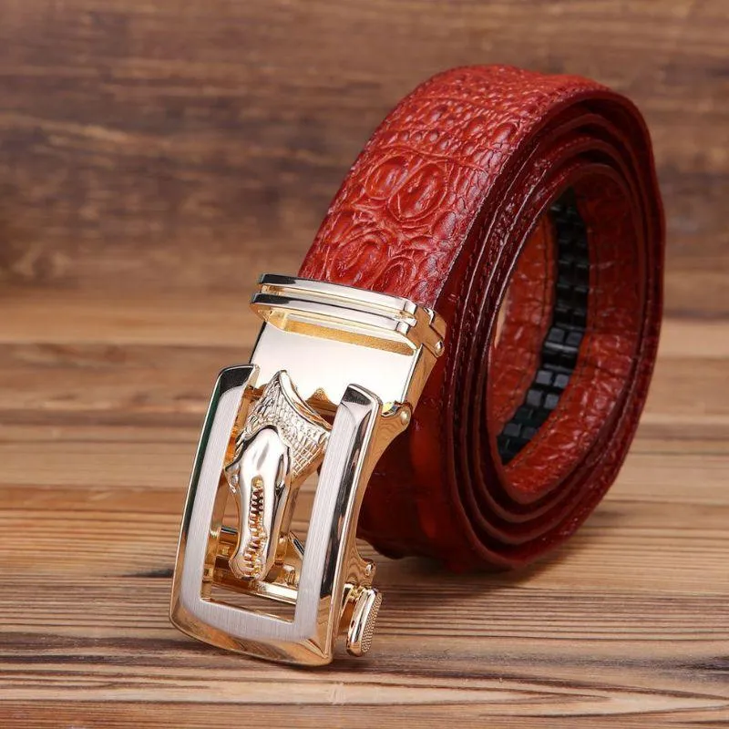 Ceinture cuir véritable boucle dorée crocodile pour homme, modèle Ravil