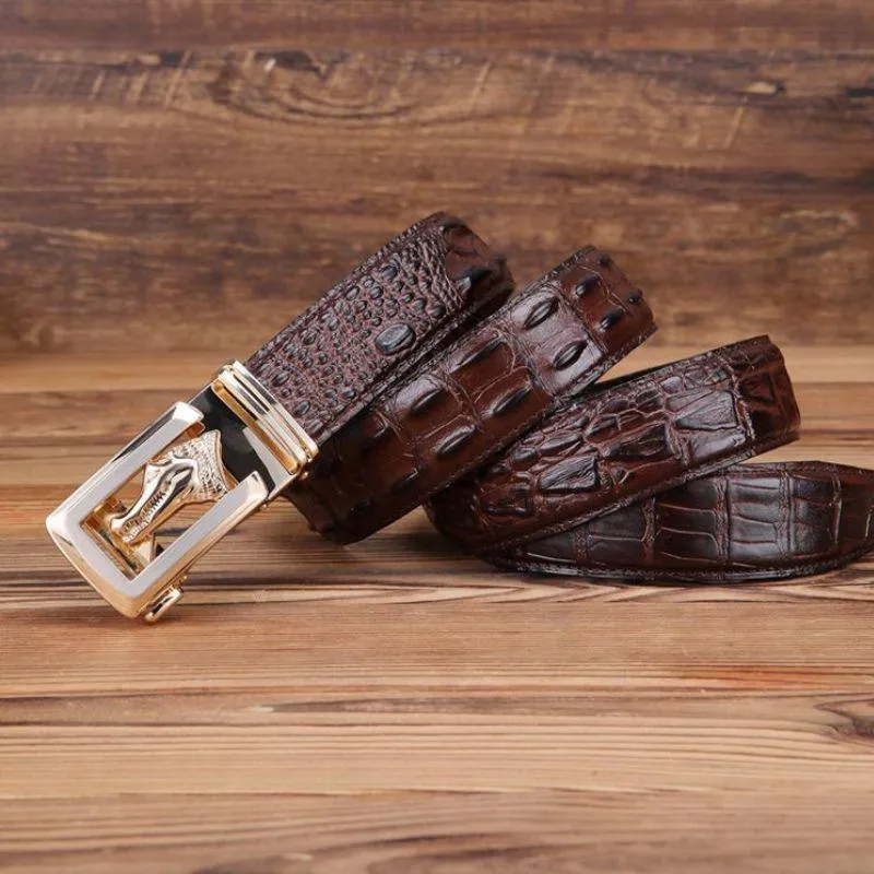 Ceinture cuir véritable boucle dorée crocodile pour homme, modèle Ravil