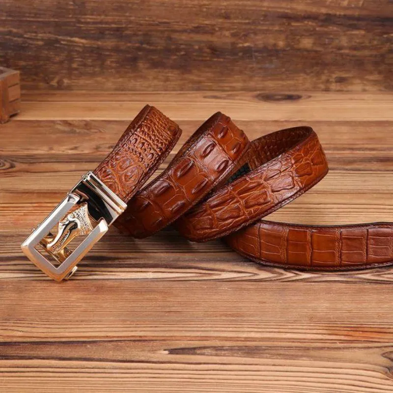 Ceinture cuir véritable boucle dorée crocodile pour homme, modèle Ravil