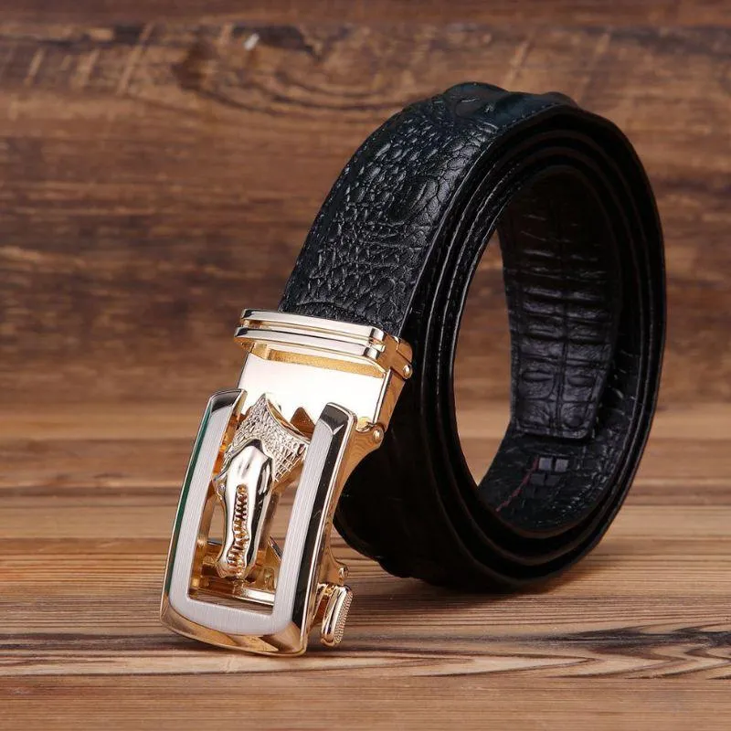 Ceinture cuir véritable boucle dorée crocodile pour homme, modèle Ravil