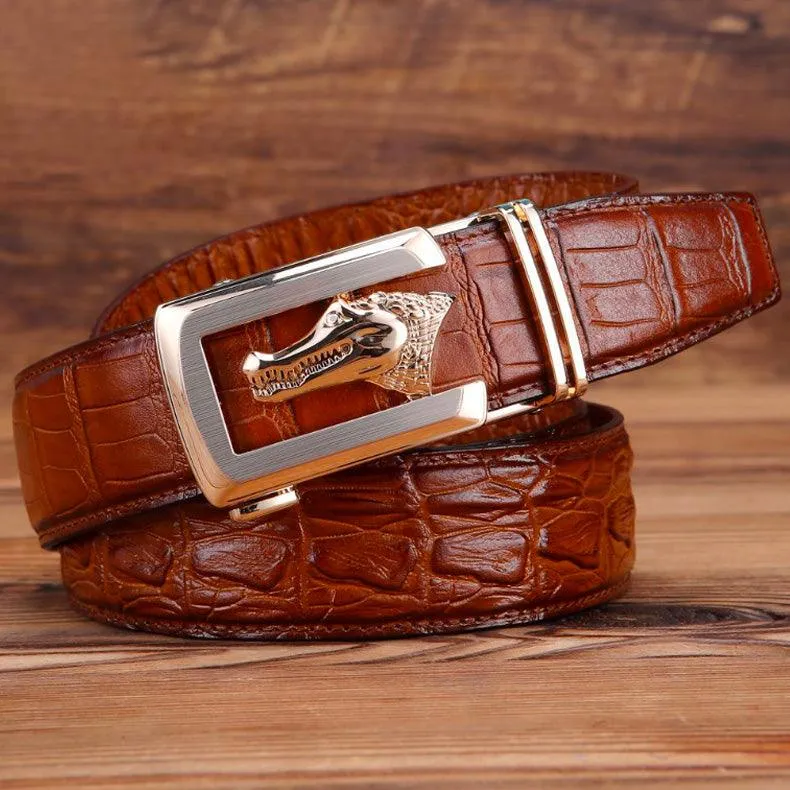 Ceinture cuir véritable boucle dorée crocodile pour homme, modèle Ravil