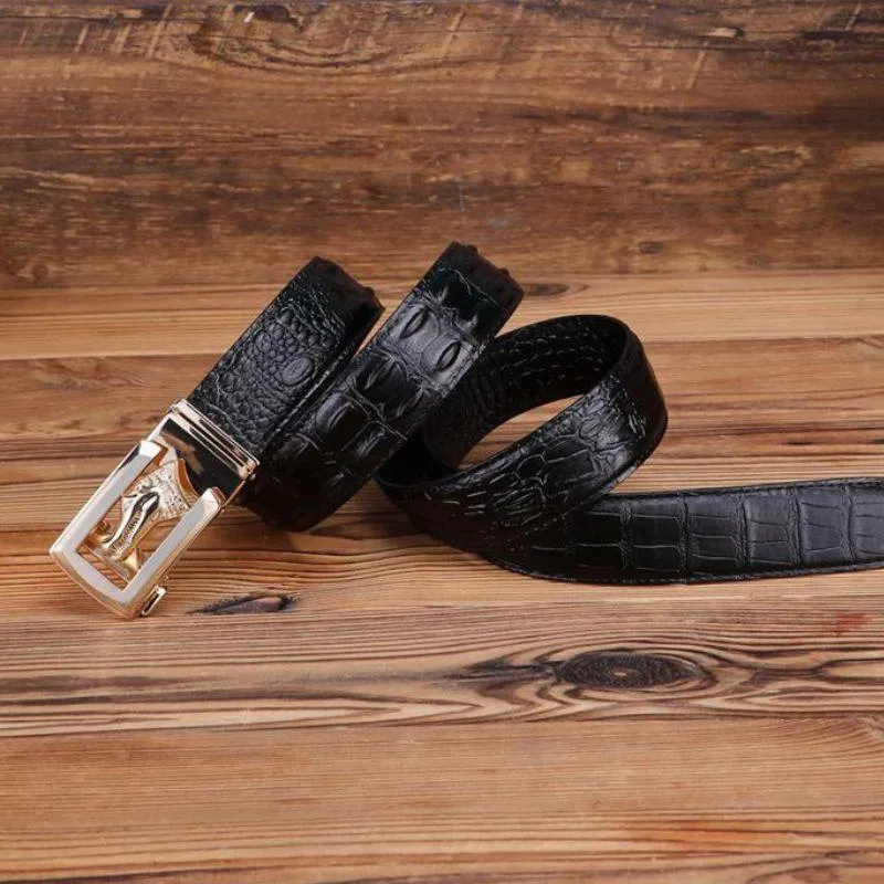 Ceinture cuir véritable boucle dorée crocodile pour homme, modèle Ravil