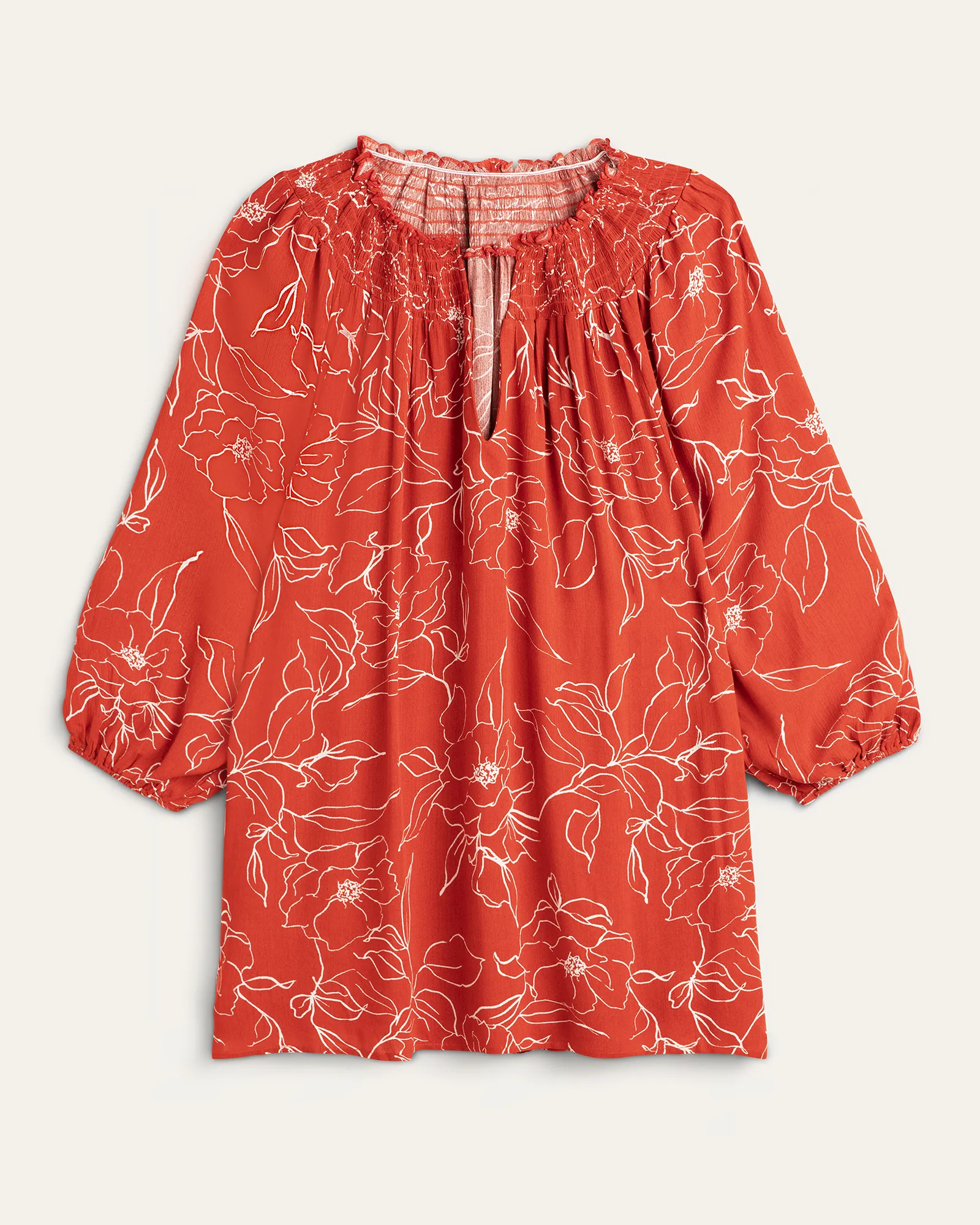 Dana Smock Neck Three-Quarter Sleeve Top | Orange / Ivory
