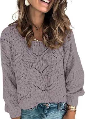 Dokotoo Womens Sweaters 2024 Crewneck Cute Elegant Soft Long Sleeve Hollow Cable Knit Pullover Tops