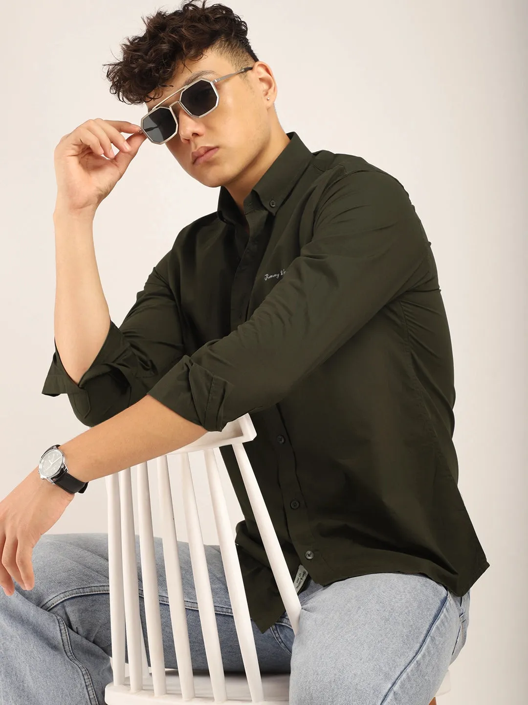 Fabric Pepar Cotton Classic Olive Full Sleeve Shirt