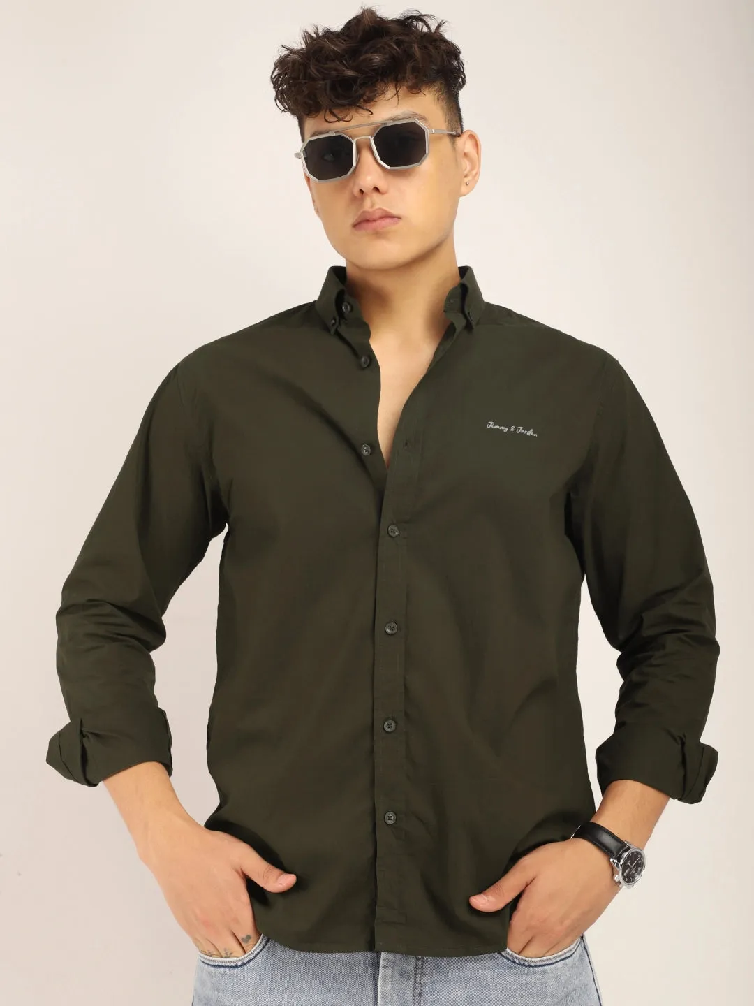 Fabric Pepar Cotton Classic Olive Full Sleeve Shirt