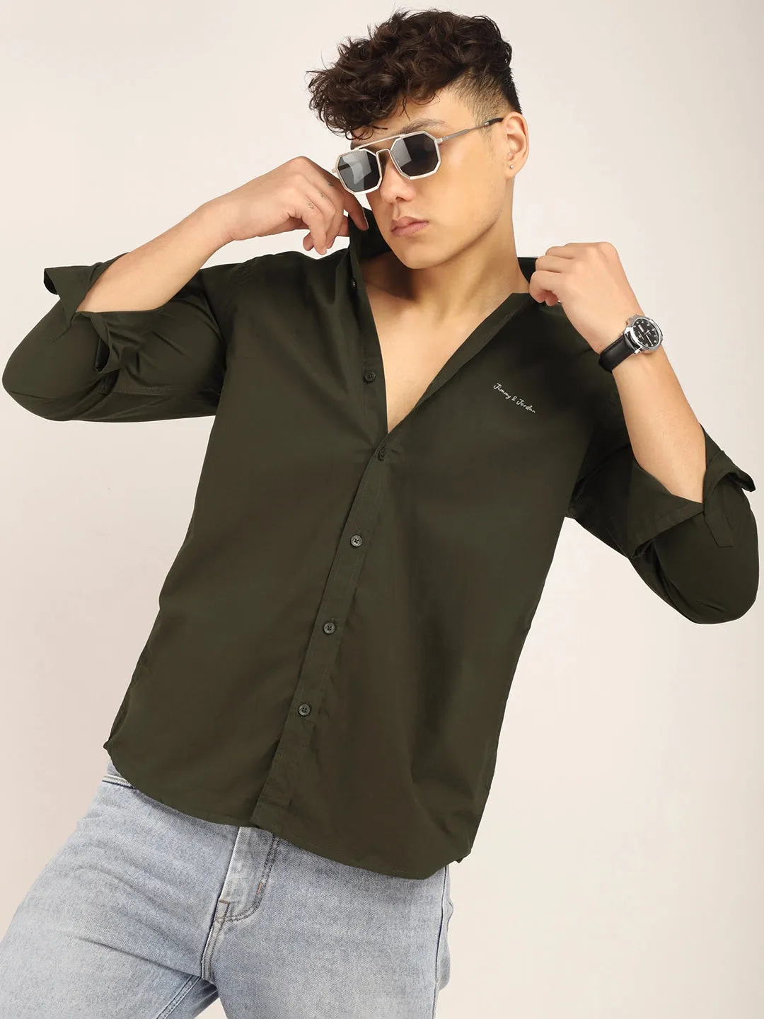 Fabric Pepar Cotton Classic Olive Full Sleeve Shirt