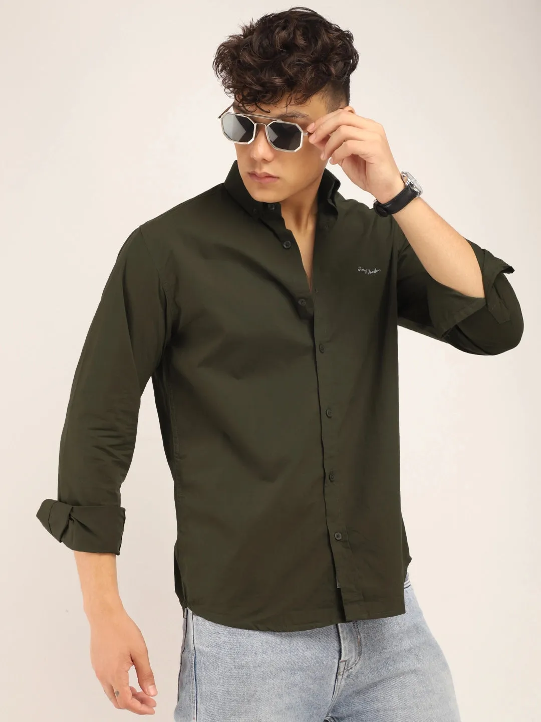 Fabric Pepar Cotton Classic Olive Full Sleeve Shirt