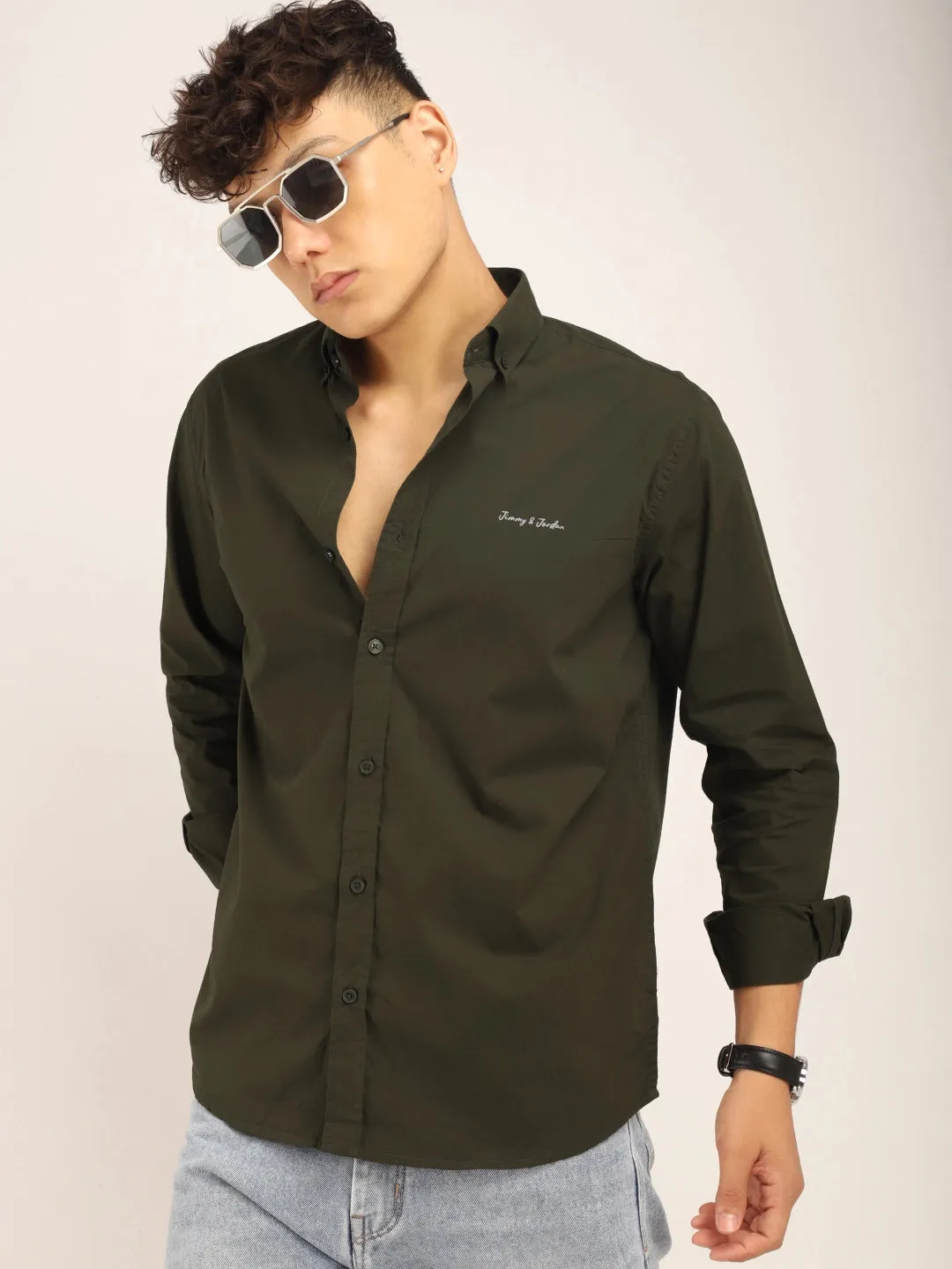 Fabric Pepar Cotton Classic Olive Full Sleeve Shirt
