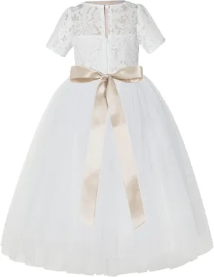 Floral Lace Tulle Flower Girl Dresses with Sleeves for Bridesmaid LG2R3