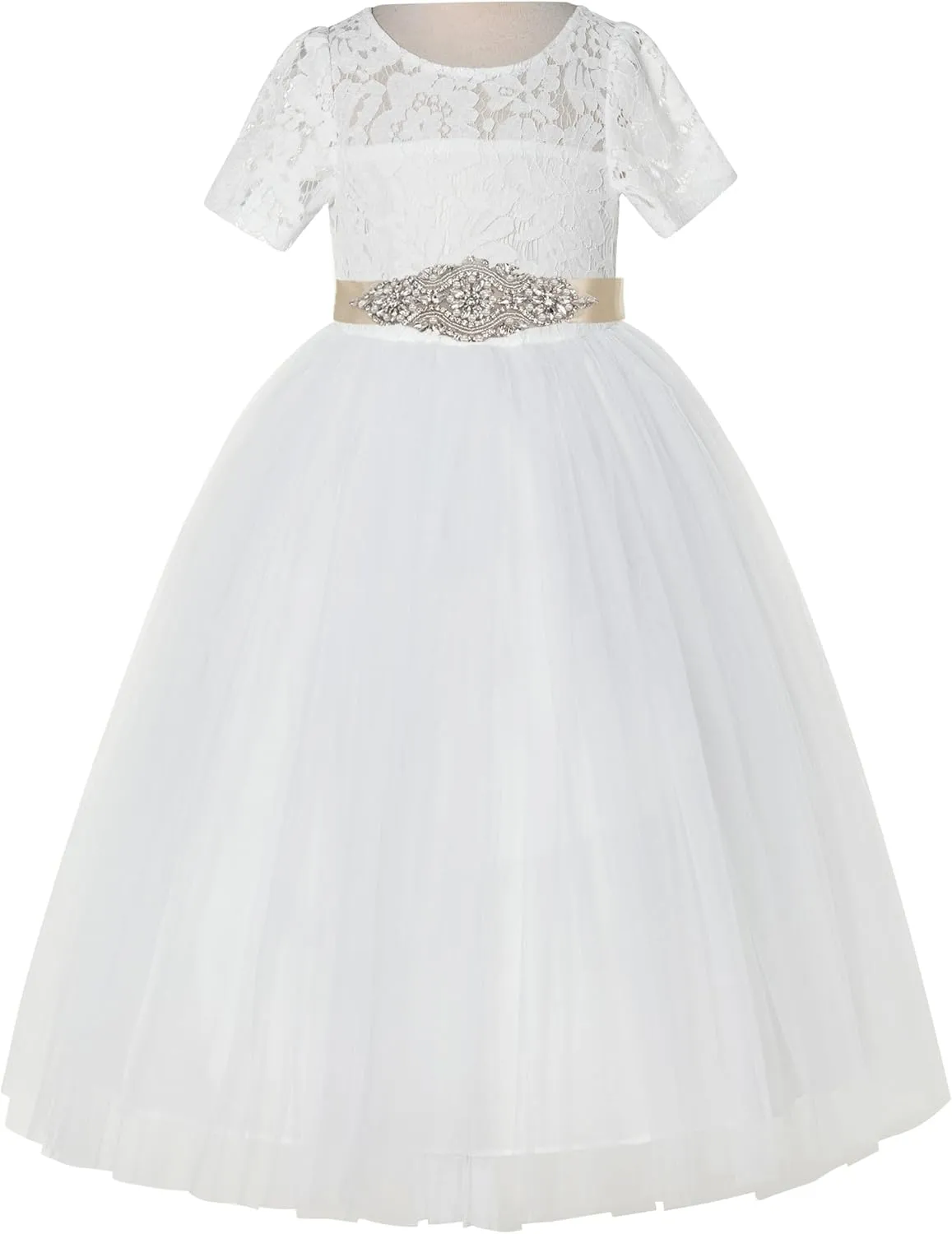 Floral Lace Tulle Flower Girl Dresses with Sleeves for Bridesmaid LG2R3