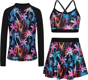 Girls Swimsuit Long Sleeve Swim Shirt 3 Piece Rash Guard for Girls Bathing Suit with Boyshorts