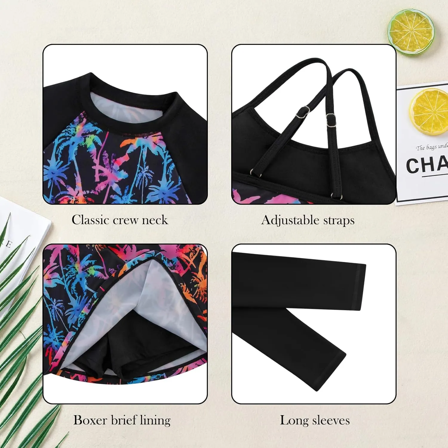 Girls Swimsuit Long Sleeve Swim Shirt 3 Piece Rash Guard for Girls Bathing Suit with Boyshorts