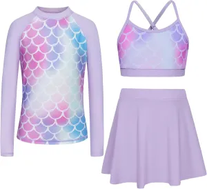 Girls Swimsuit Long Sleeve Swim Shirt 3 Piece Rash Guard for Girls Bathing Suit with Boyshorts