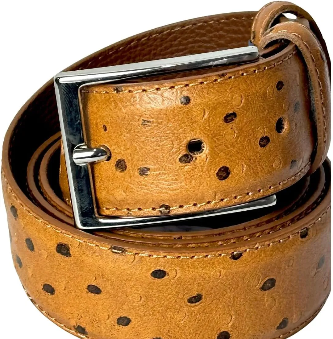 Ivan Troy Men’s Casual Italian Leather Embossed Ostrich Belt|Dress Belt With Jean Classic Silver Buckle