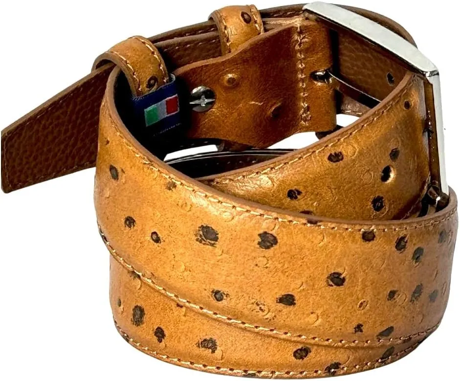 Ivan Troy Men’s Casual Italian Leather Embossed Ostrich Belt|Dress Belt With Jean Classic Silver Buckle