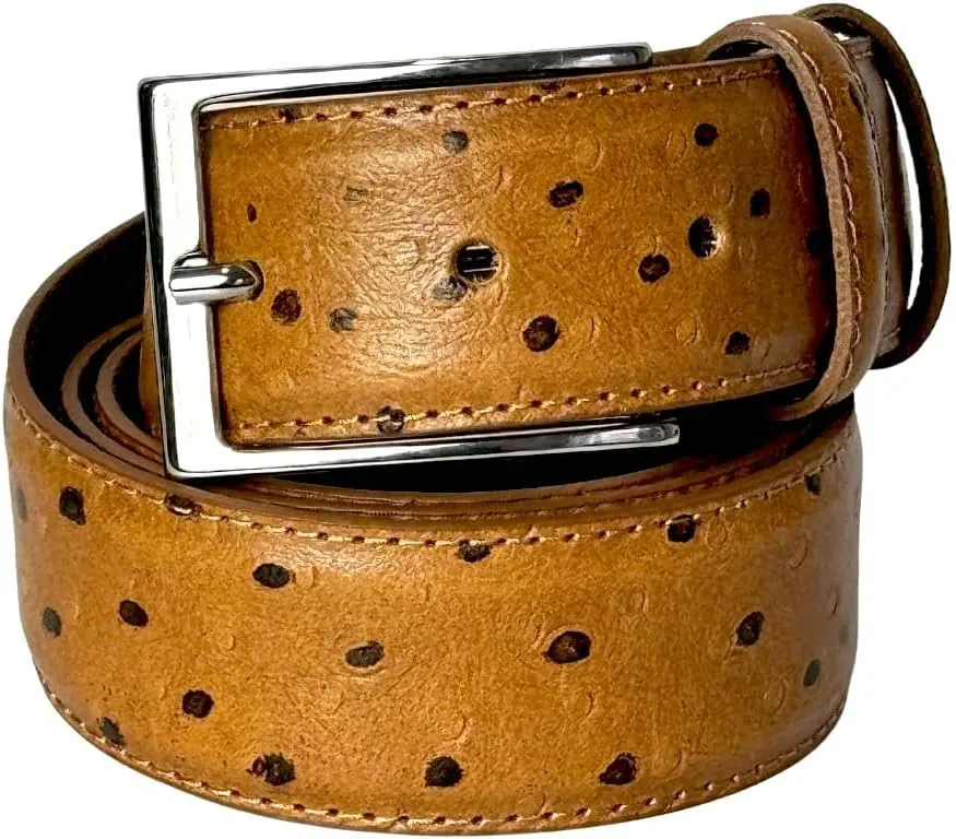 Ivan Troy Men’s Casual Italian Leather Embossed Ostrich Belt|Dress Belt With Jean Classic Silver Buckle