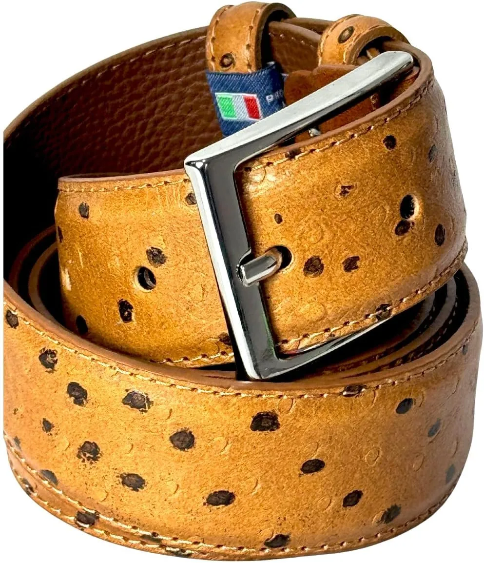 Ivan Troy Men’s Casual Italian Leather Embossed Ostrich Belt|Dress Belt With Jean Classic Silver Buckle