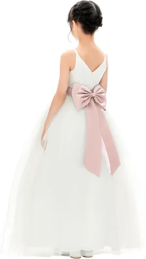 Ivory V-Neck Tulle Flower Girl Dress with Tiebow for Pageant Wedding 218noFT