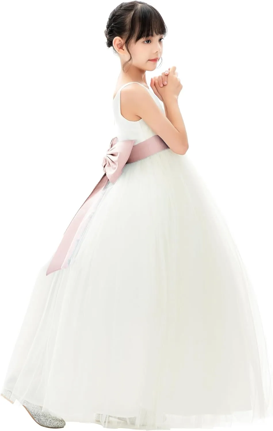 Ivory V-Neck Tulle Flower Girl Dress with Tiebow for Pageant Wedding 218noFT
