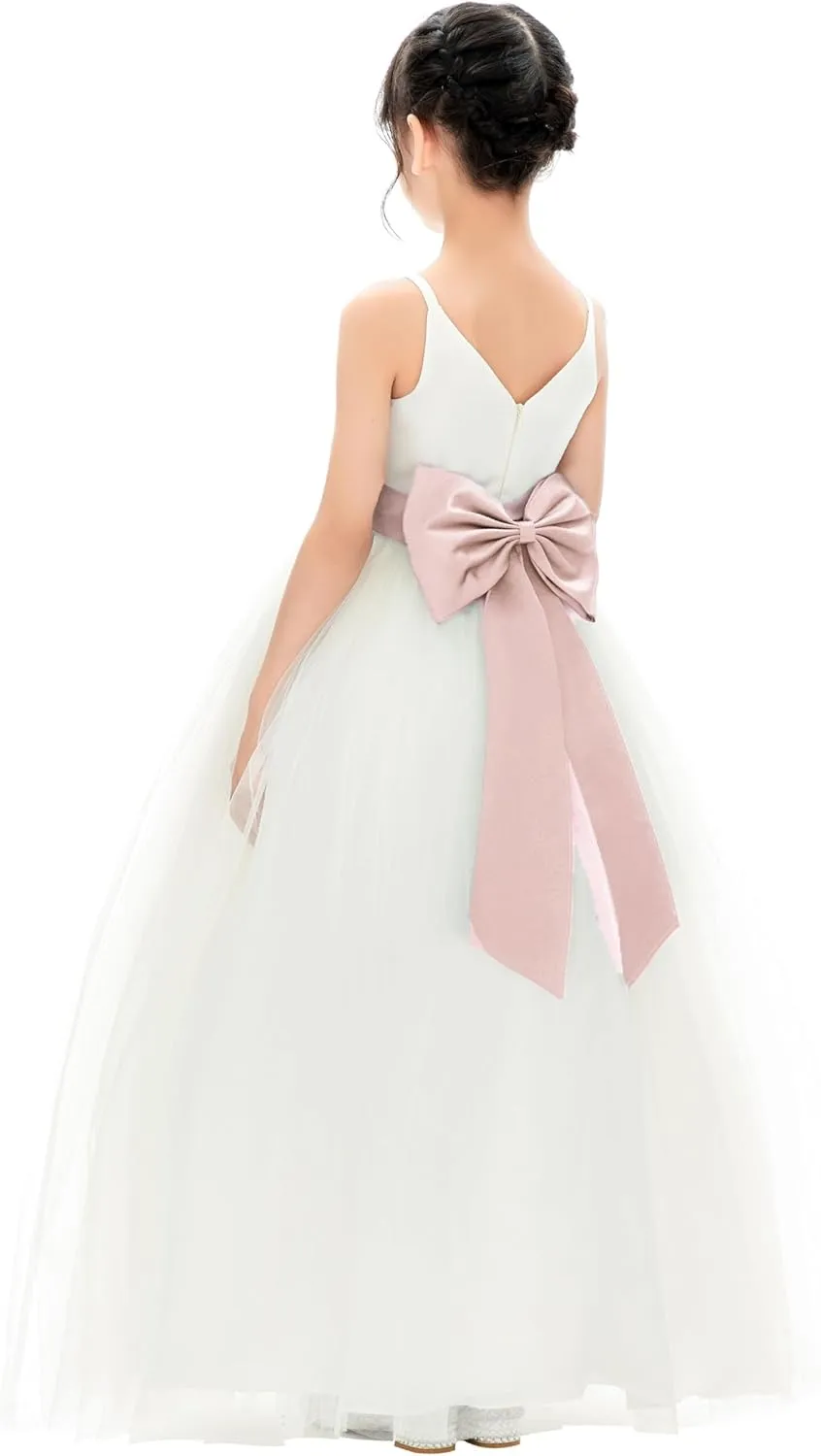 Ivory V-Neck Tulle Flower Girl Dress with Tiebow for Pageant Wedding 218noFT