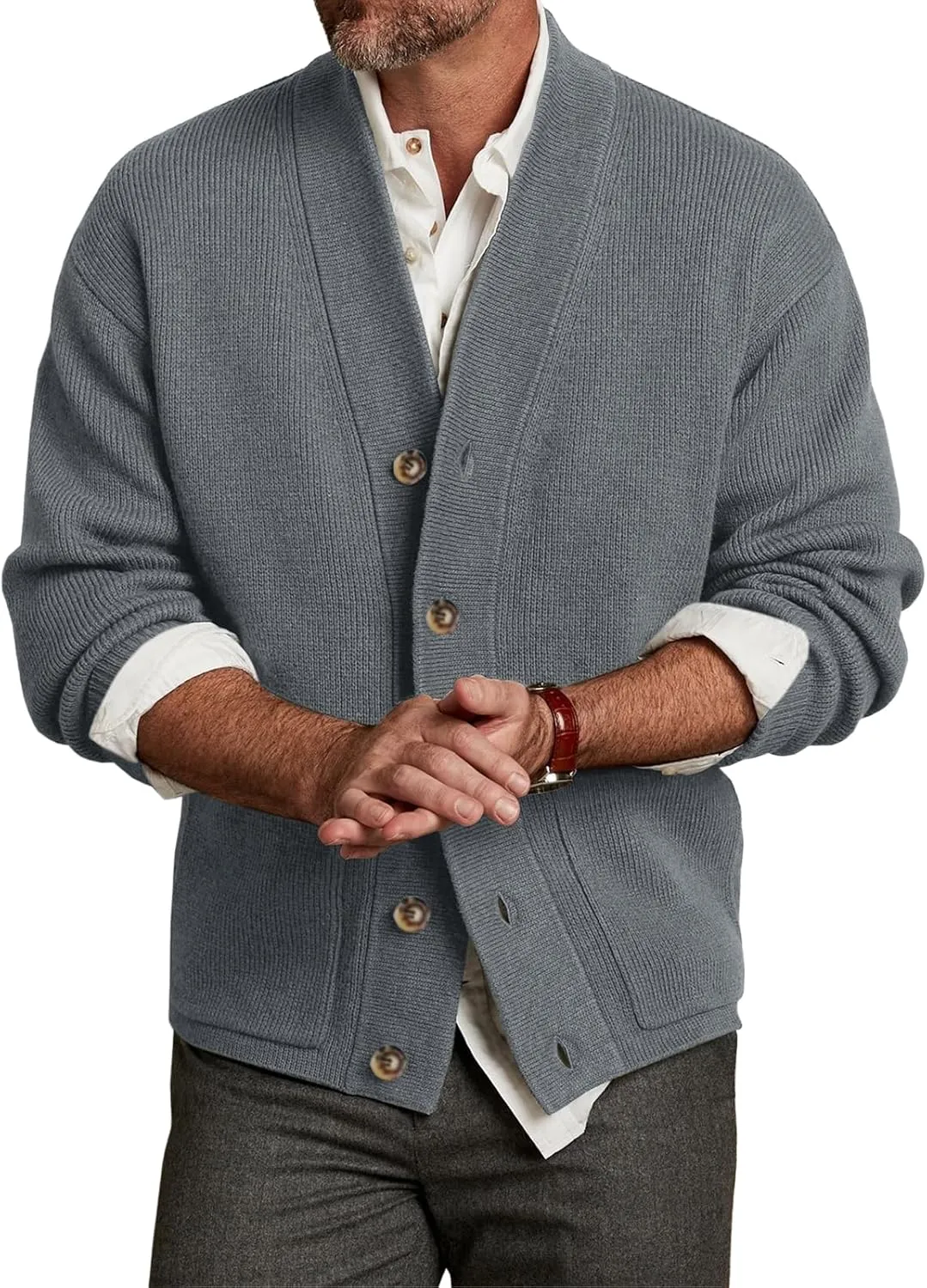 Karlywindow Mens Cardigan Sweater Cable Knit V Neck Casual Button Down Open Front Ribbed Sweater with Pockets