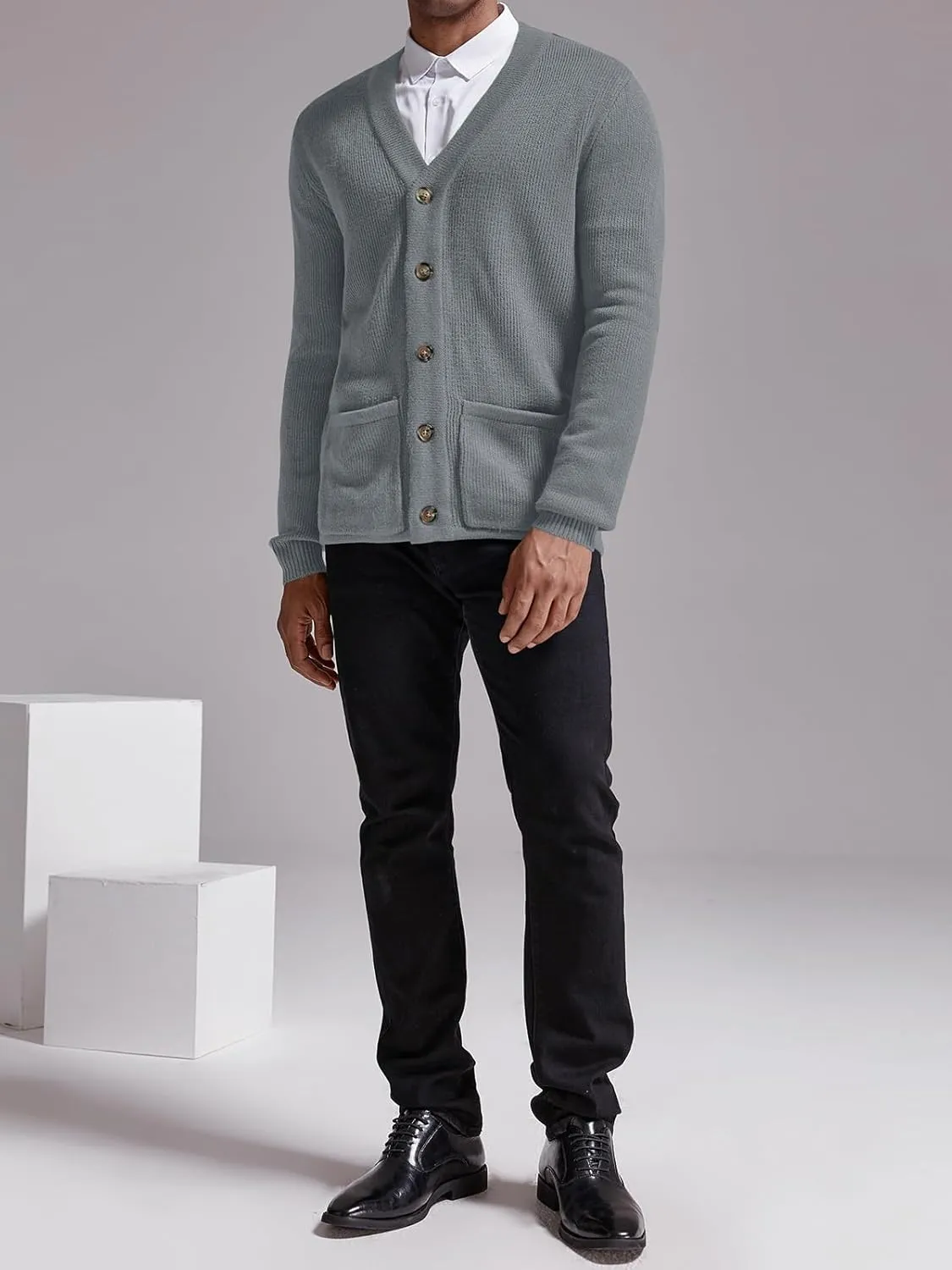 Karlywindow Mens Cardigan Sweater Cable Knit V Neck Casual Button Down Open Front Ribbed Sweater with Pockets