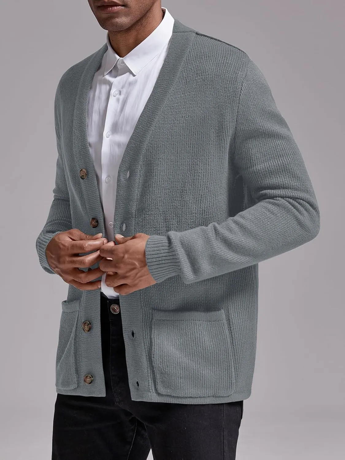 Karlywindow Mens Cardigan Sweater Cable Knit V Neck Casual Button Down Open Front Ribbed Sweater with Pockets