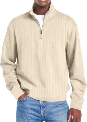 Men Fashion Quarter Zip Pullover Oversize Long Sleeve Mock Neck Texture Polo Sweatshirt Casual Sport Workout Sweater
