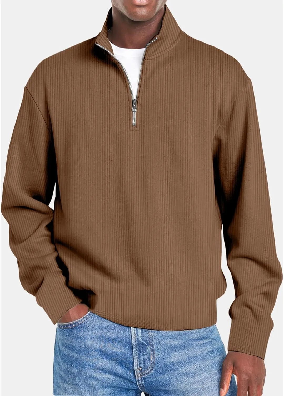 Men Fashion Quarter Zip Pullover Oversize Long Sleeve Mock Neck Texture Polo Sweatshirt Casual Sport Workout Sweater
